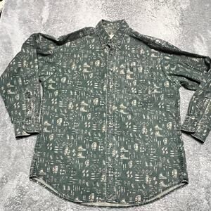Vintage Woolrich Shirt Button Mens Large All Over Print Camping Hiking Green